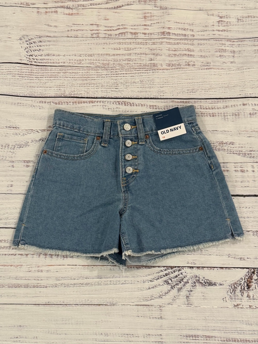 NEW Old Navy Girls 10 High Rise Jean Shorts Button Fly Adjustable Waist Raw Hem
